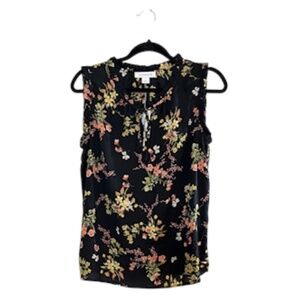 Liz Claiborne Women Top Size S Black Button Down Yellow Floral Ruffle Office